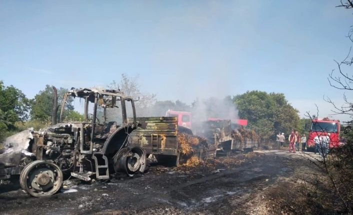 Biga’da saman yüklü traktör yandı