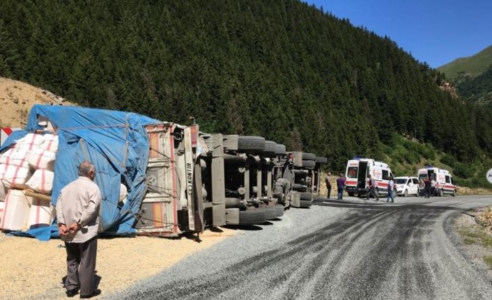 Virajı alamayan saman yüklü araç yan yattı