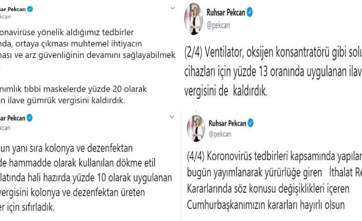 Bakan Pekcan: “Tek kullanımlık tıbbi maskelerde yüzde 20 olarak uygulanan ilave gümrük vergisini kaldırdık”