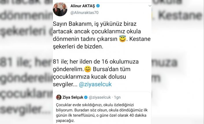 Bursa Büyükşehir Belediye Başkanı Alinur Aktaş’dan 81 ildeki 16 okula kestane şekeri