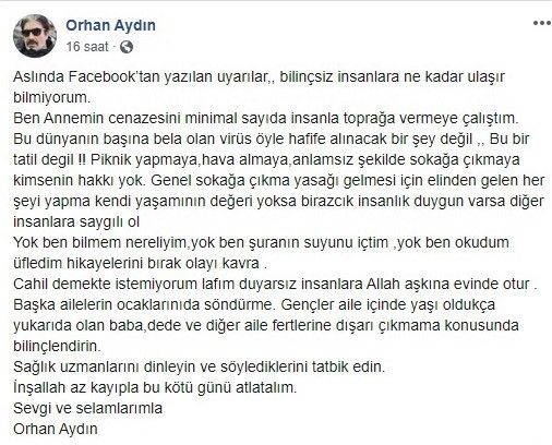 Korona sürecinde oyuncu Orhan Aydın’dan annesinin cenaze töreninde örnek davranış