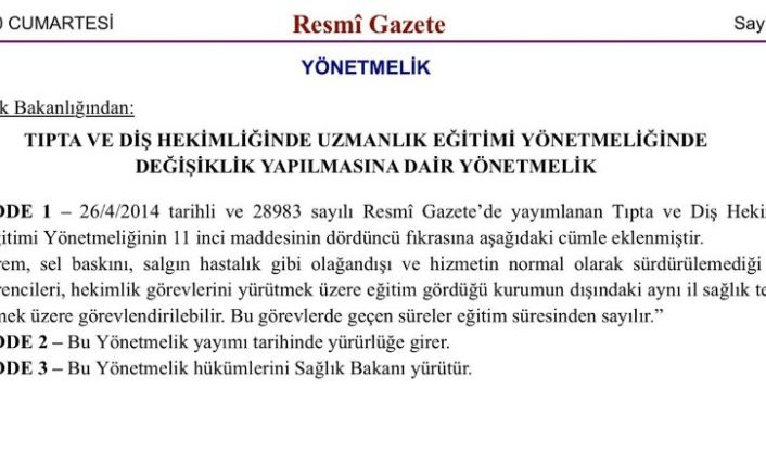 Tıpta ve diş hekimliğinde uzmanlık eğitimi yönetmeliğinde yapılan değişiklik Resmi Gazete’de