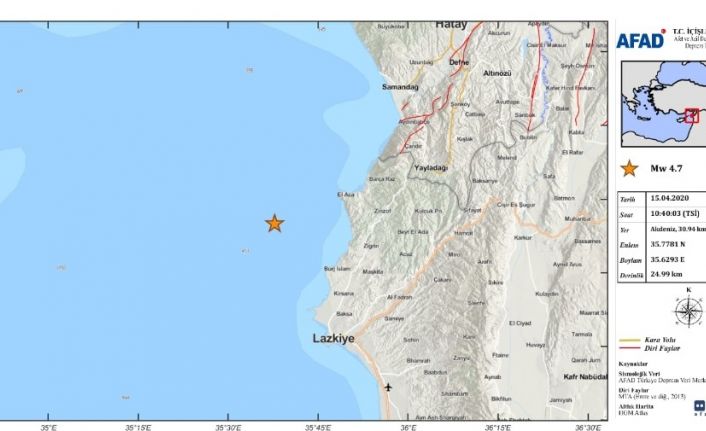 AFAD:"Akdeniz’de Hatay, Yayladağı açıklarında saat 10.40’ta 4,7 büyüklüğünde bir deprem meydana gelmiştir. "