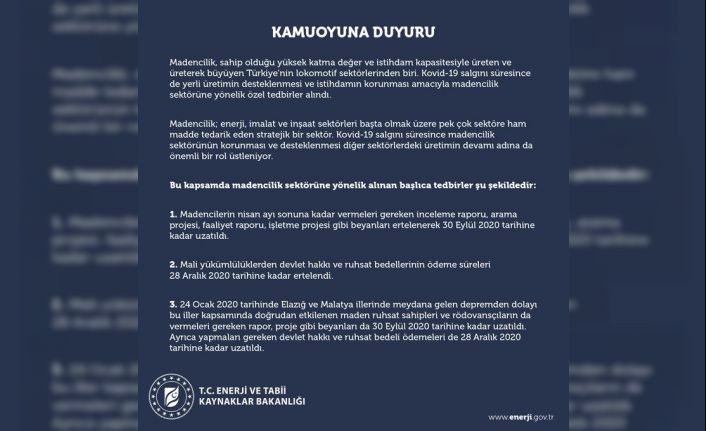 Enerji ve Tabii Kaynaklar Bakanlığından madencilik sektöründe korona virüs tedbirleri