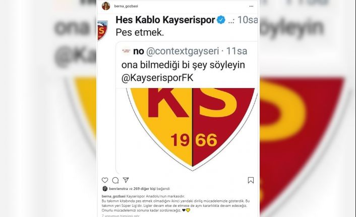 Hes Kablo Kayseripor Kulübü Başkanı Gözbaşı: "Bu takımın kitabında pes etmek yok"