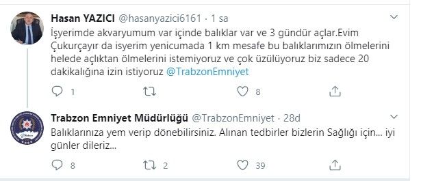 İş yerinin akvaryumundaki balıklarına yem vermek için Trabzon Emniyeti’nden yardım istedi