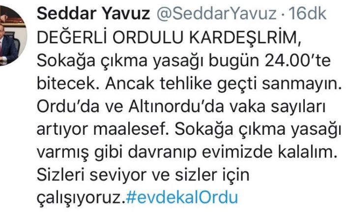Ordu Valisi Seddar Yavuz uyardı: "Tehlike geçti sanmayın, vaka sayıları artıyor"