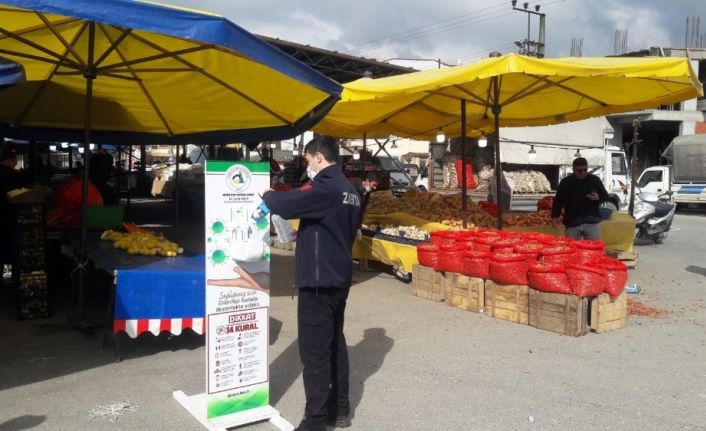 Pazar yerlerine el dezenfektanları koyuldu