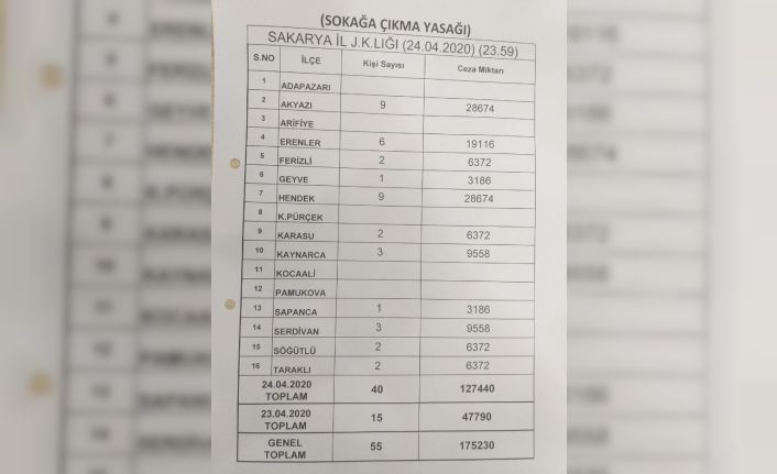 Sakarya’da sokağa çıkma kısıtlamasına uymayan 55 kişiye jandarmadan 175 bin 230 TL ceza
