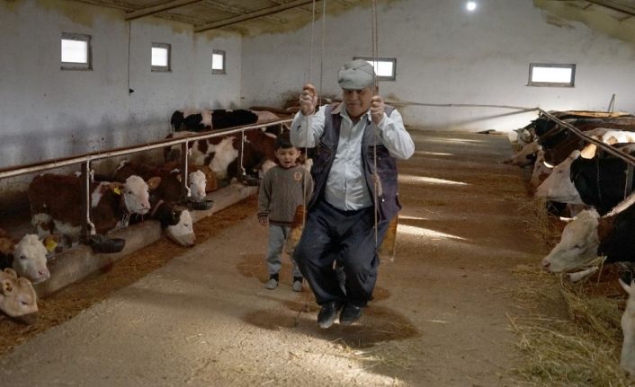 Sokağa çıkamayan dede ve torunları, ahırda salıncak binerek vakit geçiriyor