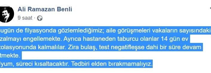 İl Sağlık Müdürü Benli, "Aile görüşmeleri vakaların sayısındaki azalmayı engellemekte"