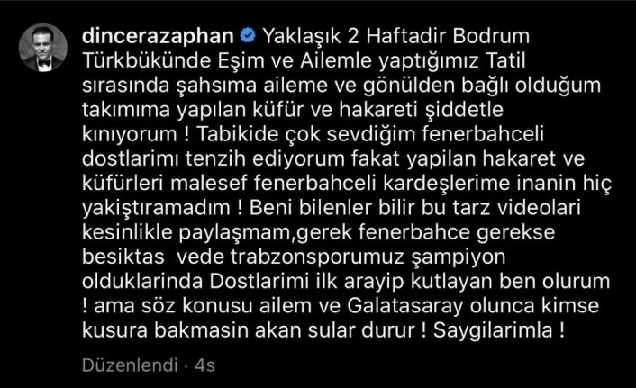 Dinçer Azaphan: "Şahsıma, aileme ve takımıma yapılan küfür ve hakareti şiddetle kınıyorum!"