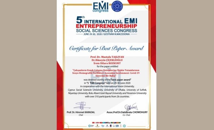 MEÜ Öğr. Gör. Dr. Hüseyin Çiçeklioğlu’na ‘En İyi Çalışma Ödülü’ verildi