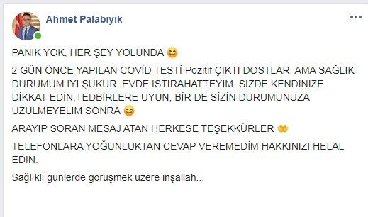 AK Parti Kula İlçe Başkanı Palabıyık Covid-19 testinin pozitif çıktığını açıkladı