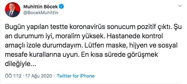 Başkan Böcek’in Covid 19 testi pozitif çıktı, hastanede izole altına alındı