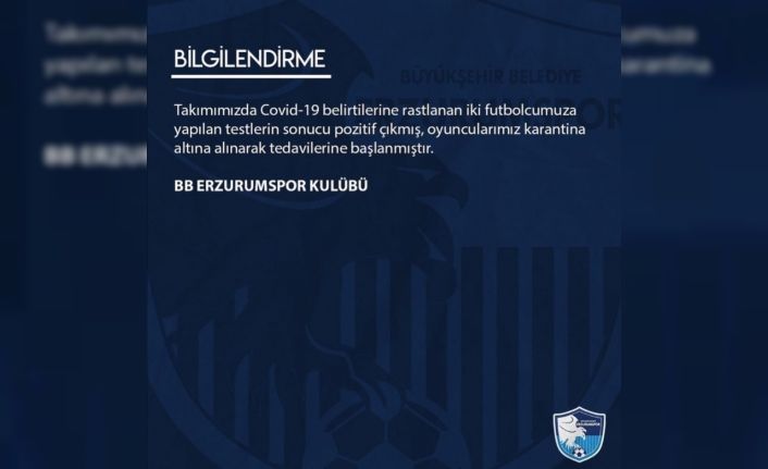 BB Erzurumspor’da iki futbolcunun korona virüs testi pozitif çıktı