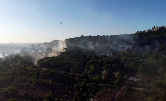 Maltepe’de ormanlık alanda çıkan yangın drone ile havadan görüntülendi