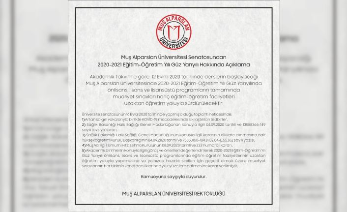 MŞÜ Senatosu 2020-2021 eğitim-öğretim yılı güz yarıyılı kararını açıkladı