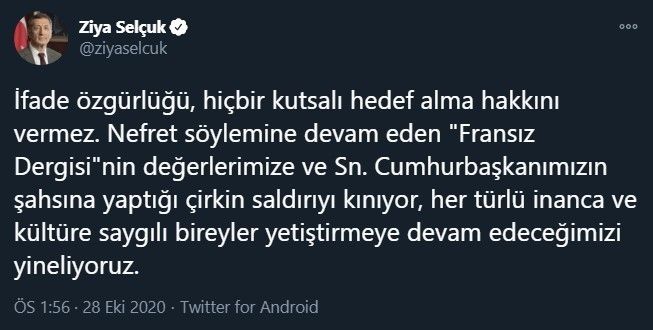 Bakan Selçuk: “İfade özgürlüğü, hiçbir kutsalı hedef alma hakkını vermez”
