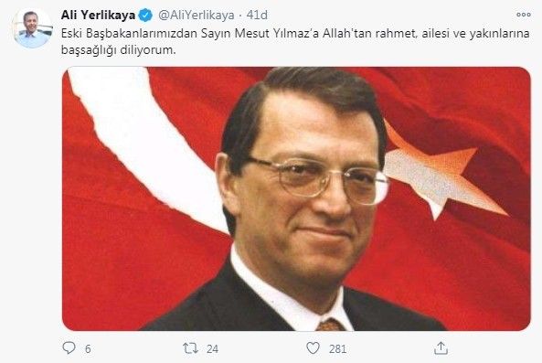 İstanbul Valisi Ali Yerlikaya: ”Mesut Yılmaz’a Allah’tan rahmet, ailesi başsağlığı diliyorum”