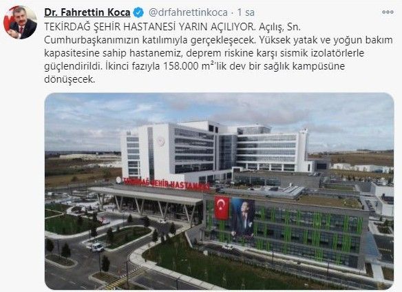 Bakan Koca’dan Tekirdağ Şehir Hastanesi paylaşımı: “Dev bir sağlık kampüsüne dönüşecek”