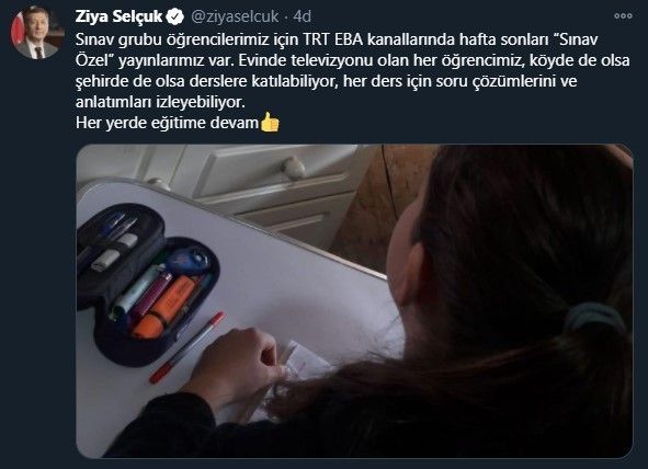 Bakan Selçuk: "Sınav grubu öğrencilerimiz için TRT EBA kanallarında hafta sonları ’Sınav Özel’ yayınlarımız var"