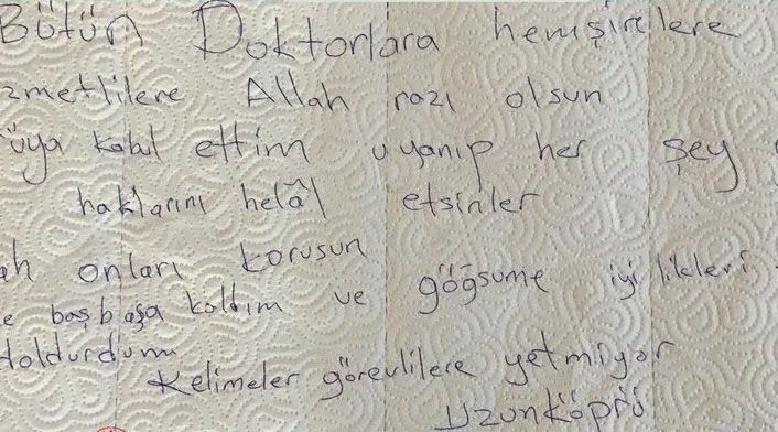 Korona virüs hastasının duygu dolu notu