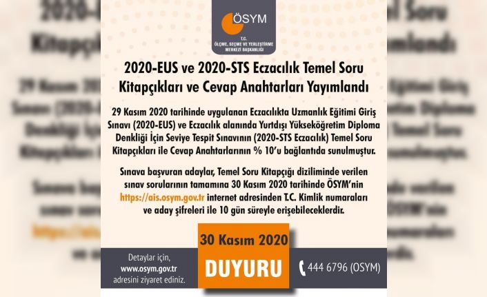 ÖSYM: "2020-EUS ve 2020-STS Eczacılık temel soru kitapçıkları ve cevap anahtarları yayımlandı."