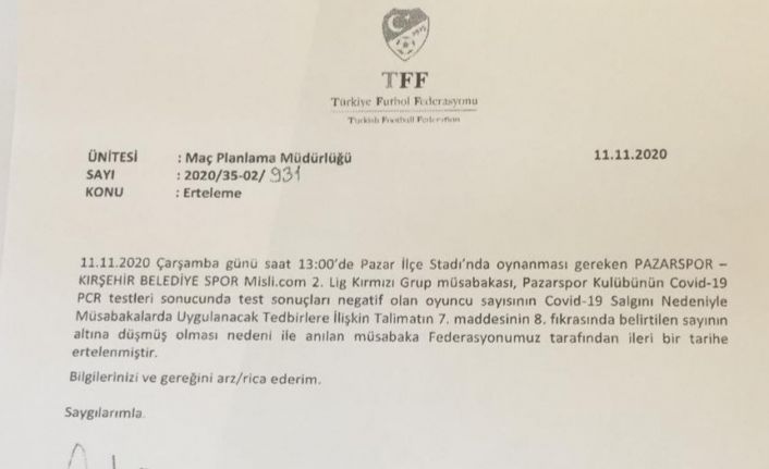 Pazarspor-Kırşehir Belediyespor maçının ertelenmesine tepki