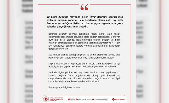 Çevre ve Şehircilik Bakanlığı: “İzmir’de hiçbir şekilde aktif fay hattı üzerine konut yapılması söz konusu değildir”