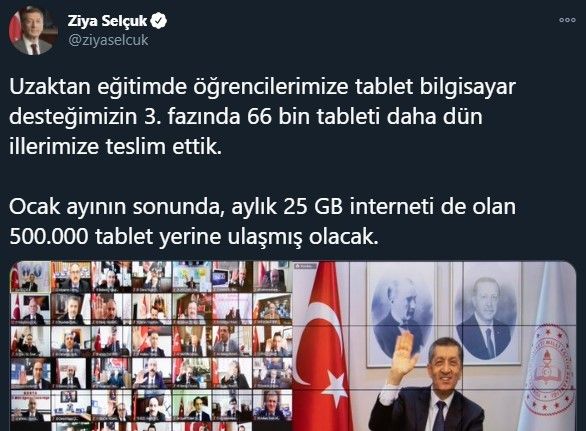 Milli Eğitim Bakanı Selçuk: "Ocak ayının sonunda, aylık 25 GB interneti de olan 500 bin tablet yerine ulaşmış olacak."