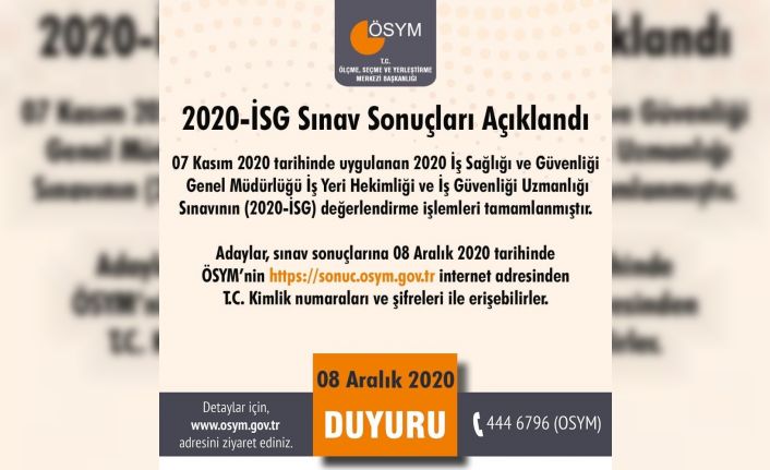ÖSYM, 2020-İSG sınav sonuçlarının açıklandığını ve cevap kağıtları ile aday cevaplarının erişime açıldığını açıkladı.