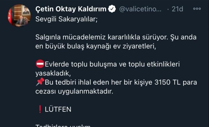 Sakarya’da evlerde toplu buluşma ve etkinliklere 3 bin 150 lira ceza kesilecek