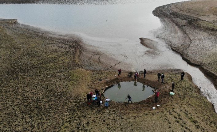 (Özel) Kuruyan Ömerli Barajı’nda mahsur kalan yavru balıkları kurtarma operasyonu havadan görüntülendi