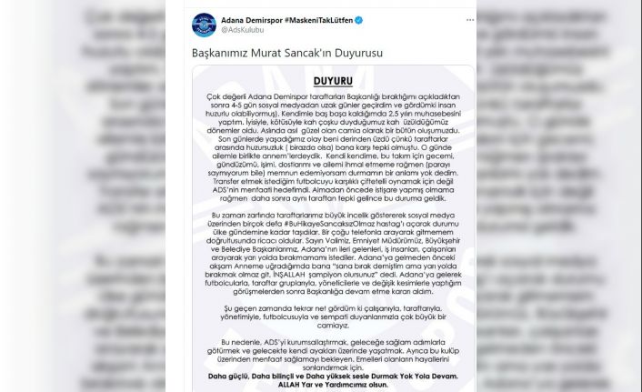 Adana Demispor Başkanı Murat Sancak göreve devam etme kararı aldı!