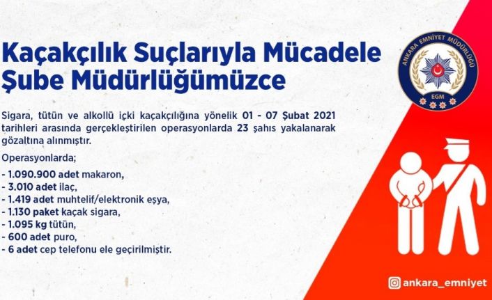 Ankara’da son 1 hafta içerisinde kaçakçılık suçundan 23 şahıs gözaltına alındı