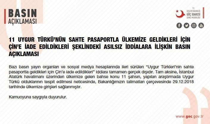 Göç İdaresi Genel Müdürlüğü’nden, Uygur Türkleri’nin Çin’e iadesi yönündeki iddialara yalanlama