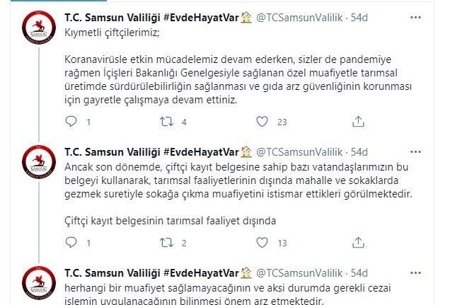 Samsun Valiliği: "Çiftçi kayıt belgesine sahip vatandaşlar sokağa çıkma muafiyetini istismar ediyor"