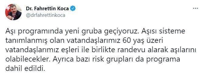 Covid-19 aşılamasında 60 yaş üzeri vatandaşlar için randevu sistemi açıldı