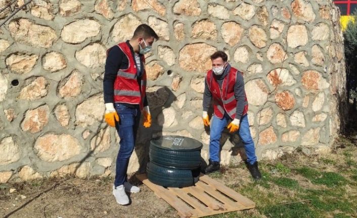 Eski araç lastiklerinden yapılan kedi evleri kenttin dört bir köşesine yerleştirildi
