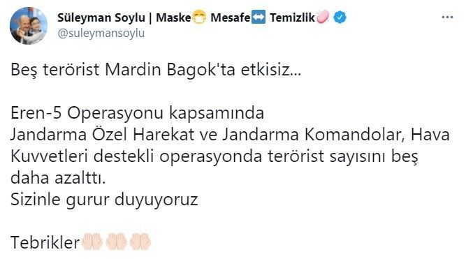 İçişleri Bakanı Soylu: "Eren-5 Operasyonu kapsamında Jandarma Özel Harekat ve Jandarma Komandolar, Hava Kuvvetleri destekli operasyonda terörist sayısını 5 daha azalttı."