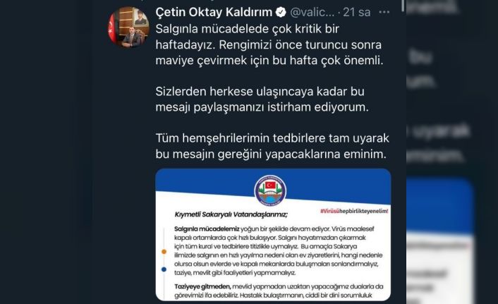 Kırmızı kategorideki Sakarya Valisi uyardı: