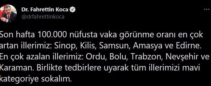 Sağlık Bakanı Koca son hafta vakalarda artış ve azalış olan illeri duyurdu