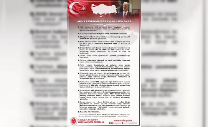 Bakan Akar: "(ABD Başkanı Biden’ın ’soykırım’ ifadesini kullanması) Tarihi gerçekleri inkar ve çarpıtmaktan başka bir anlam taşımamaktadır"
