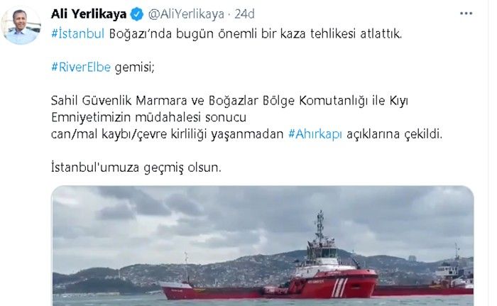 İstanbul Valisi Ali Yerlikaya, ”İstanbul Boğazı’nda bugün önemli bir kaza tehlikesi atlattık”