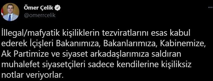 AK Parti Sözcüsü Çelik: “İçişleri Bakanımızı, kabinemizi ve partimizi bir suç örgütü üyesinin laflarıyla hedef alanları şiddetle kınıyoruz”