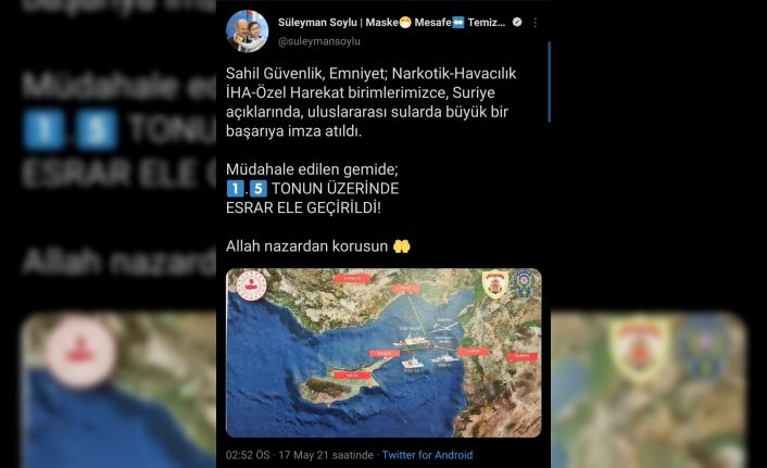 Bakan Soylu: "Suriye açıklarında, uluslararası sularda büyük bir başarıya imza atıldı. Müdahale edilen gemide; bir buçuk tonun üzerinde esrar ele geçirildi"
