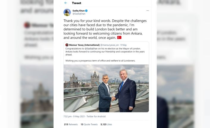 Başkan Yavaş, Londra Belediye Başkanı olarak seçilen Sadıq Khan’ı tebrik etti