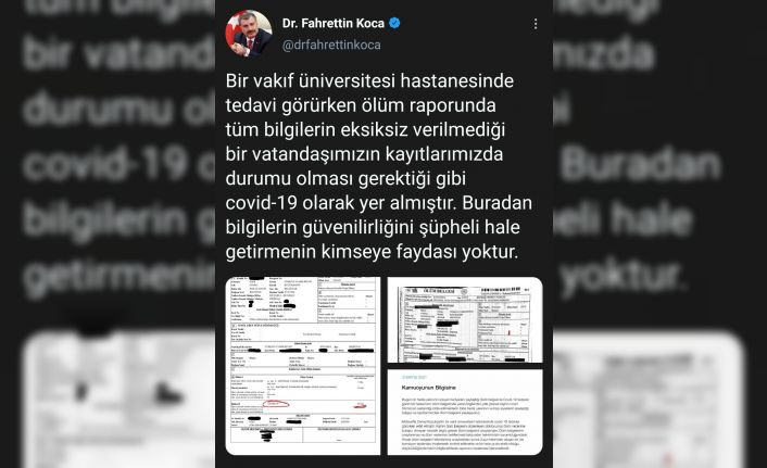 Fahrettin Koca’dan Covid-19 kaynaklı ölümün saklandığına dair yapılan paylaşım hakkında açıklama geldi