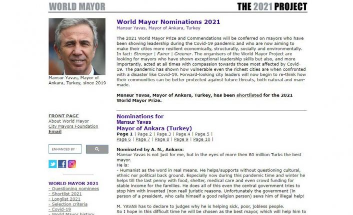 Ankara Büyükşehir Belediye Başkanı Yavaş, “World Mayor’da” finale kaldı